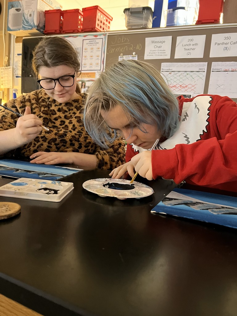 Every year around the holidays, Mrs. Philpotts-Breese and Mrs. Sutton's students chose a painting to reproduce. This year, they chose the "Northern Lights” painting. They persevered, and their finished products were stunning!! They all did a great job letting their creativity shine through! 🎨🌌