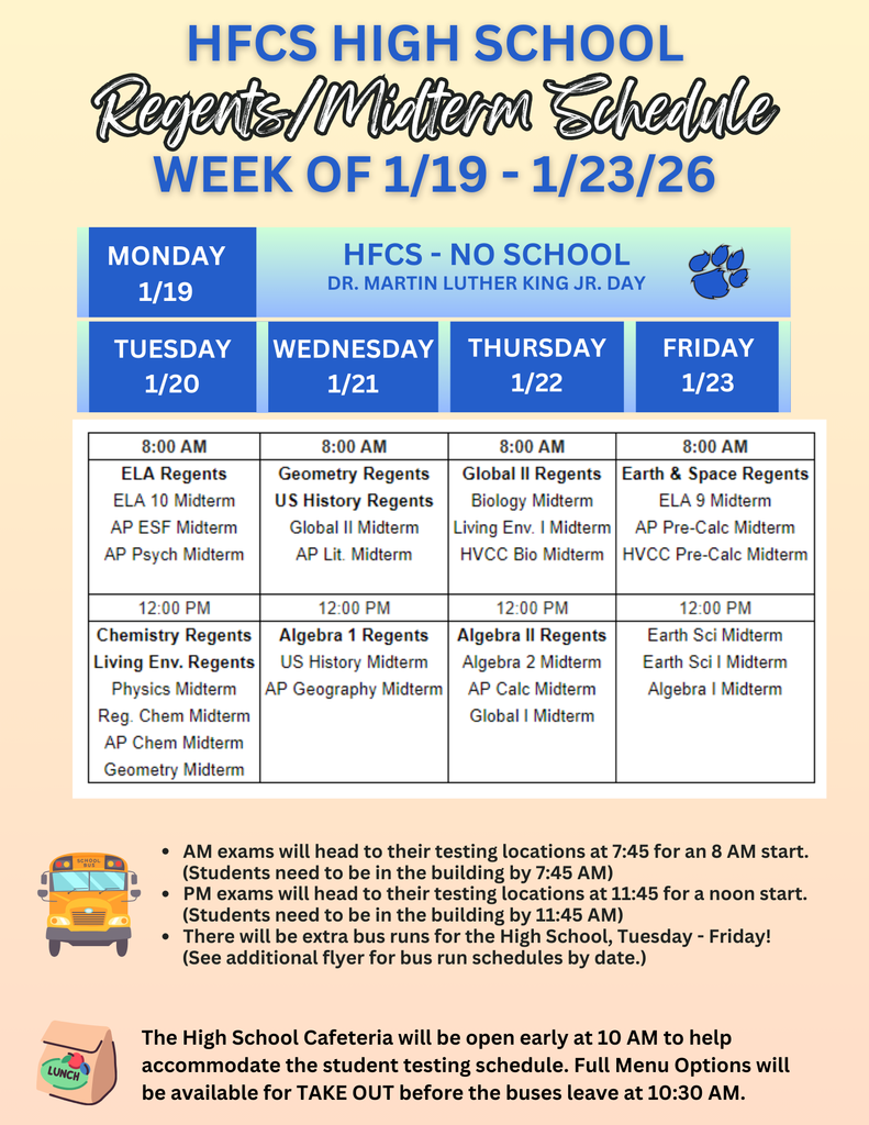 Please see the flyers below for the High School's Regents/Midterm schedules and the bus run schedules. 