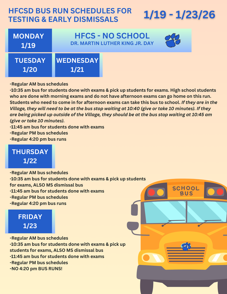 Please see the flyers below for the High School's Regents/Midterm schedules and the bus run schedules. 