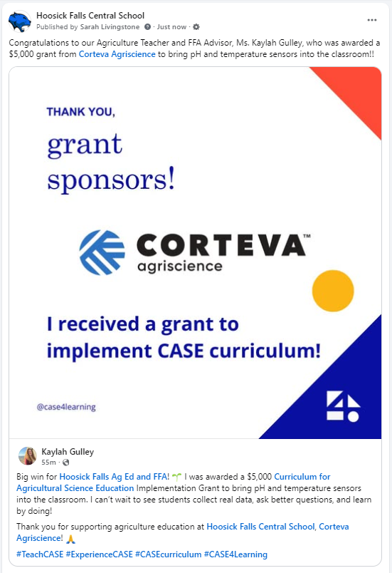 Congratulations to our Agriculture Teacher and FFA Advisor, Ms. Kaylah Gulley, who was awarded a $5,000 grant from Corteva Agriscience to bring pH and temperature sensors into the classroom!!