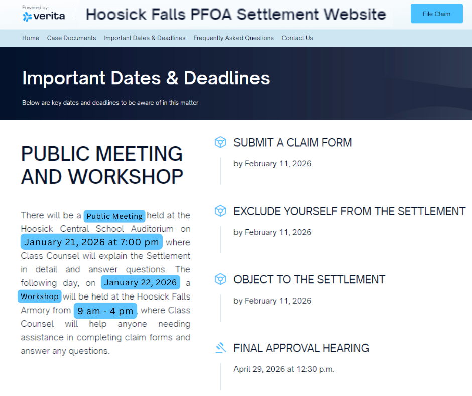 DuPont Class Settlement: A presentation on the DuPont Class Settlement will take place in the auditorium at Hoosick Falls High School at 7 pm on Wednesday, January 21st. The presentation will explain the Settlement and the process for filing claims. A Workshop will take place the following day, Thursday, January 22nd, from 9 am - 4 pm at the Hoosick Armory, for anyone needing help completing forms. For more information, please visit the website: www.hoosickfallspfoasettlement.com