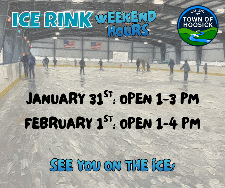 Weekend hours for the Ice Rink: January 31st: 1 - 3 pm February 1st: 1 - 4 pm See you on the ice!