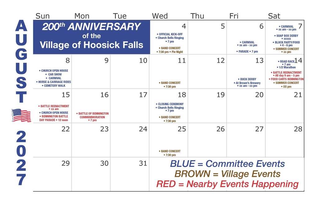 canedar of events-august 2027-hoosick falls bicentennial