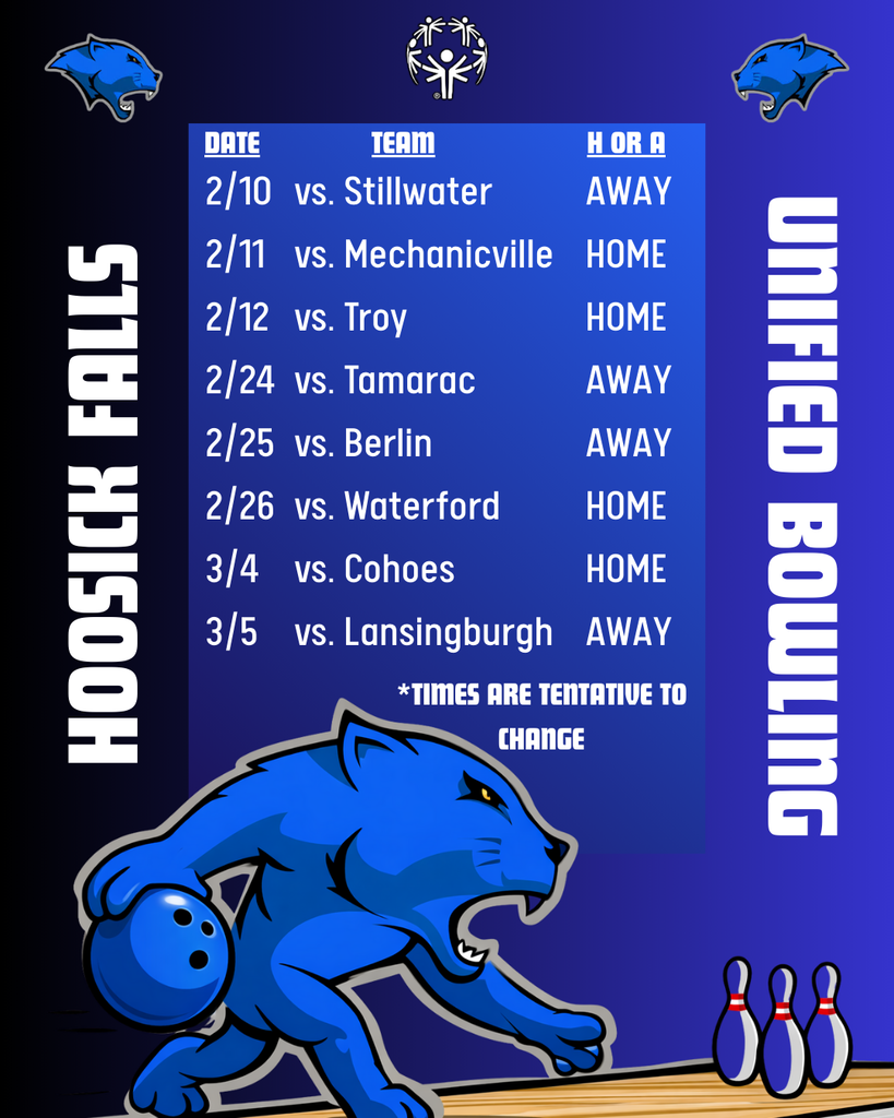 Come out and support our Unified Bowling Team this season! Most games start around 4:15 pm, but times are subject to change. 