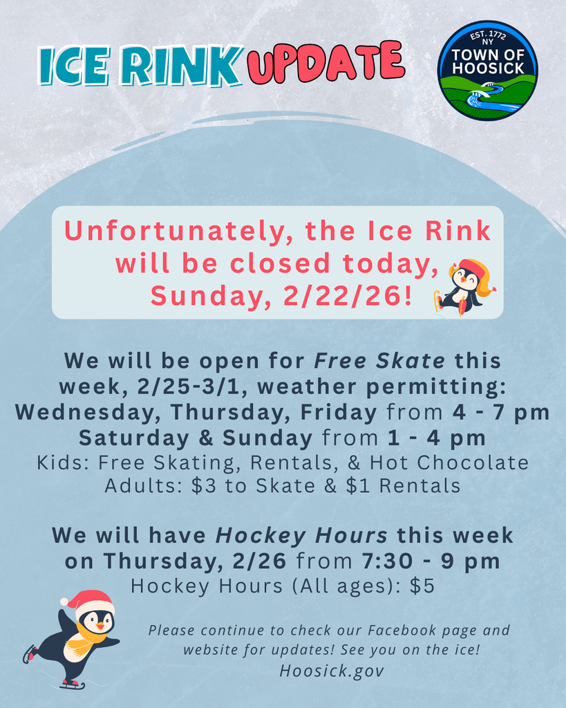       We will be open for Free Skate this week, 2/25-3/1, weather permitting: Wednesday, Thursday, Friday from 4 - 7 pm Saturday & Sunday from 1 - 4 pm Kids: Free Skating, Rentals, & Hot Chocolate Adults: $3 to Skate & $1 Rentals  We will have Hockey Hours this week on Thursday, 2/26 from 7:30 - 9 pm Hockey Hours (All ages): $5
