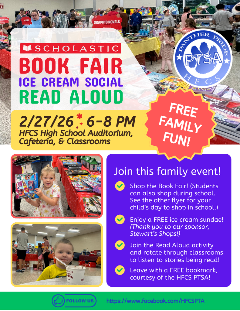 📚The Book Fair starts tomorrow, and runs from 2/25-2/27!! Please see the flyer for when your elementary student's teacher will bring them down to shop during school. Don't forget to come to our evening event too, PTSA Book Fair, Read Aloud, & Ice Cream Social!  on Friday, 2/27, from 6-8 pm! There will be a free ice cream social (thank you to our sponsor, Stewart's Shops), a Read Aloud, where you can rotate through different classrooms to hear stories being read, and of course, the main event, the Book Fair! Join in the fun and let's get reading together! 📚 