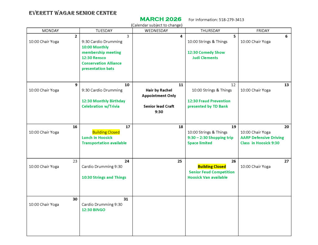 March Activities Senior Center