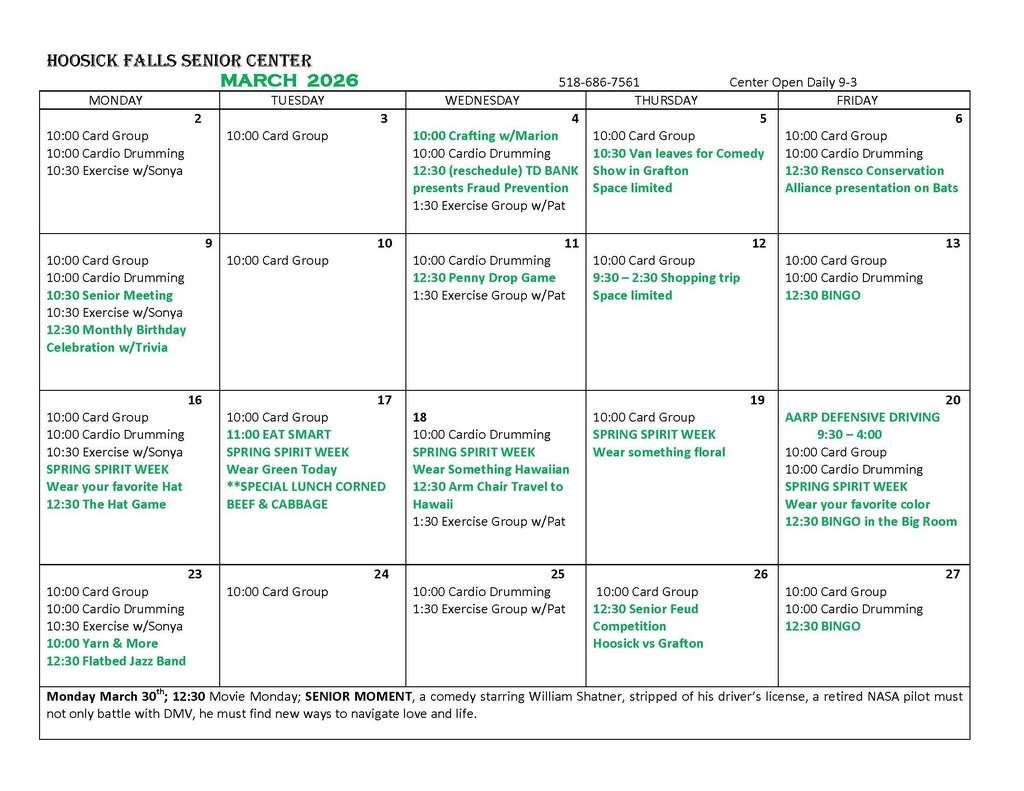 March Activities Senior Center