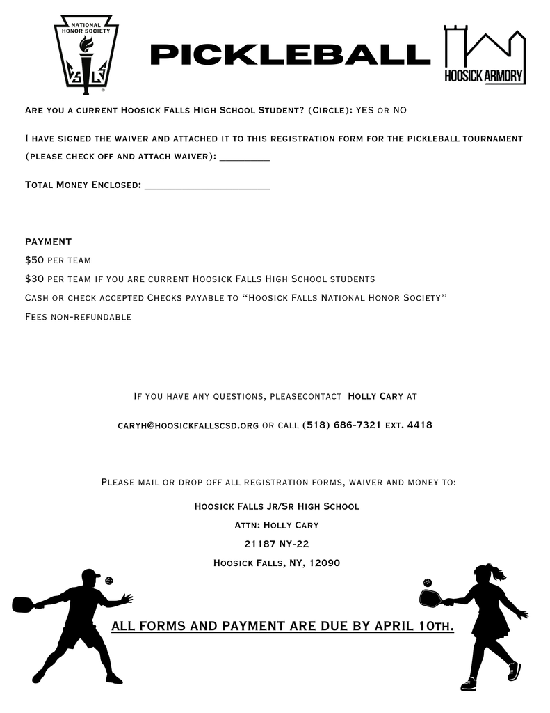 🏓The National Honor Society is hosting an NHS Pickleball Tournament!! 🏓Game on — for a great cause! Think you’ve got what it takes to rule the court? It’s time to prove it! Grab a partner and get ready for some friendly competition, epic rallies, and serious bragging rights. $50 for a community pair or $30 for a student pair. All proceeds will benefit the NHS Christmas Wish Clothing Drive, helping provide clothing to families in need this holiday season. Play hard knowing you’re making a difference in our community! Spots will fill up fast — so sign up today! Registration forms are available here, in the High School Office, on the District website (hoosickfallscsd.org), at the Town of Hoosick Offices at the Armory, and on their website. (hoosick.gov). Or you can contact Mrs. Mabey or Ms. Cary to sign up: mabeyd@hoosickfallscsd.org or caryh@hoosickfallscsd.org