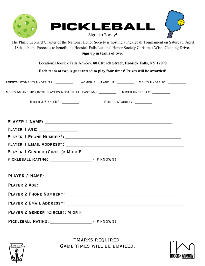 🏓The National Honor Society is hosting an NHS Pickleball Tournament!! 🏓Game on — for a great cause! Think you’ve got what it takes to rule the court? It’s time to prove it! Grab a partner and get ready for some friendly competition, epic rallies, and serious bragging rights. $50 for a community pair or $30 for a student pair. All proceeds will benefit the NHS Christmas Wish Clothing Drive, helping provide clothing to families in need this holiday season. Play hard knowing you’re making a difference in our community! Spots will fill up fast — so sign up today! Registration forms are available here, in the High School Office, on the District website (hoosickfallscsd.org), at the Town of Hoosick Offices at the Armory, and on their website. (hoosick.gov). Or you can contact Mrs. Mabey or Ms. Cary to sign up: mabeyd@hoosickfallscsd.org or caryh@hoosickfallscsd.org