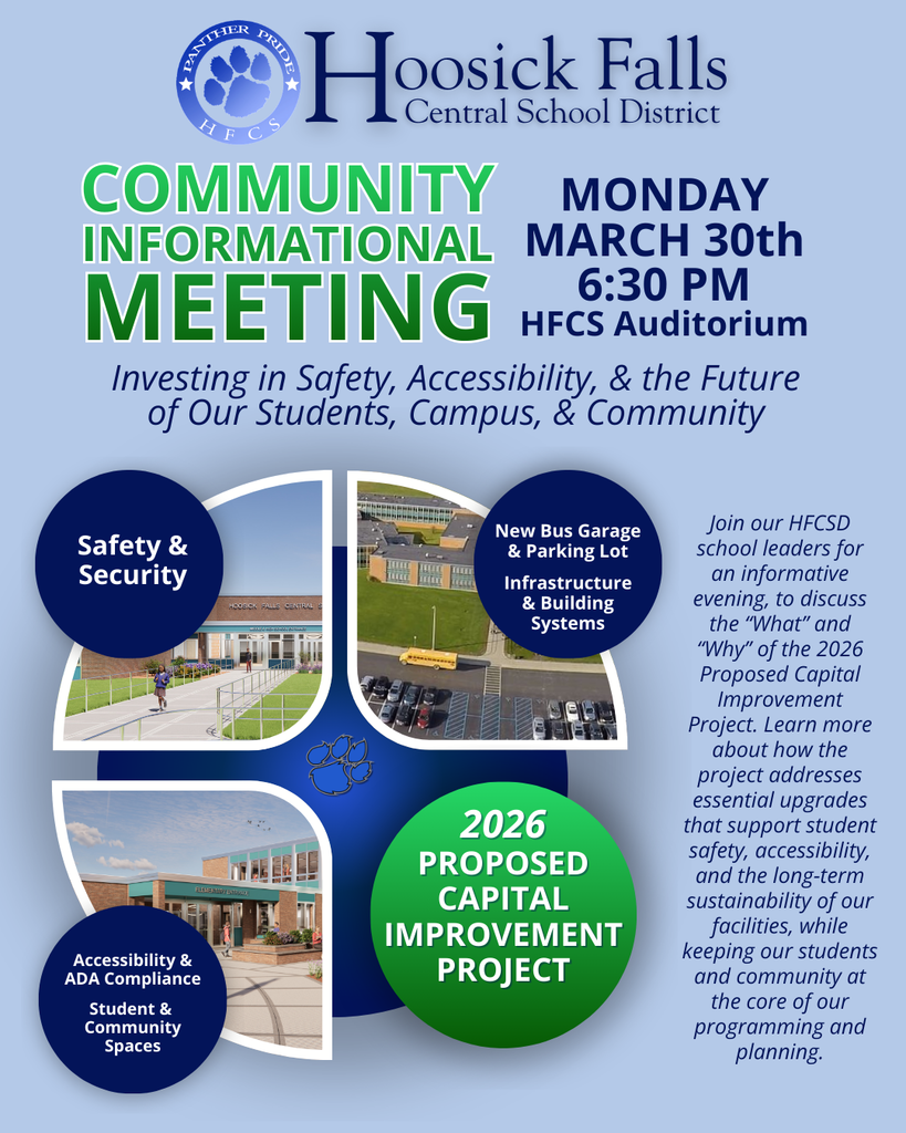 Community Informational Meeting: 2026 Proposed Capital Improvement Project  Monday, March 30th, 6:30 PM, HFCS Auditorium Investing in Safety, Accessibility, & the Future of Our Students, Campus, & Community  Join our HFCSD school leaders for an informative evening, to discuss the “What” and “Why” of the 2026 Proposed Capital Improvement Project. Learn more about how the project addresses essential upgrades that support student safety, accessibility, and the long-term sustainability of our facilities, while keeping our students and community at the core of our programming and planning.  2026 Proposed Capital Improvement Project: Safety & Security New Bus Garage & Parking Lot Infrastructure & Building Systems Accessibility & ADA Compliance Student & Community Spaces