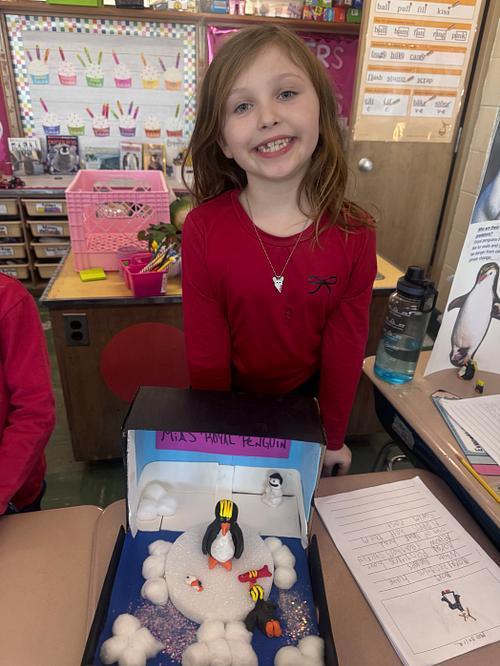 🐧Second-grade students learned all about penguins this month! 🐧Students had to choose a penguin to research, complete a report, and then create a diorama, poster, or physical display all about the penguin they researched. Then the students had the opportunity to present their project to the other grades and teachers and share all they learned. It was a fun winter project that the students really enjoyed!