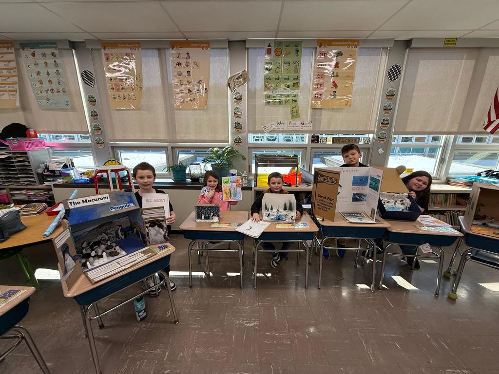 🐧Second-grade students learned all about penguins this month! 🐧Students had to choose a penguin to research, complete a report, and then create a diorama, poster, or physical display all about the penguin they researched. Then the students had the opportunity to present their project to the other grades and teachers and share all they learned. It was a fun winter project that the students really enjoyed!
