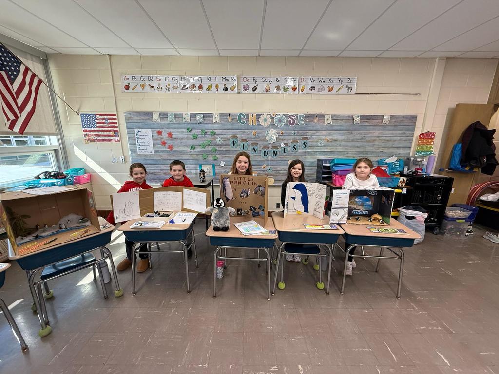 🐧Second-grade students learned all about penguins this month! 🐧Students had to choose a penguin to research, complete a report, and then create a diorama, poster, or physical display all about the penguin they researched. Then the students had the opportunity to present their project to the other grades and teachers and share all they learned. It was a fun winter project that the students really enjoyed!