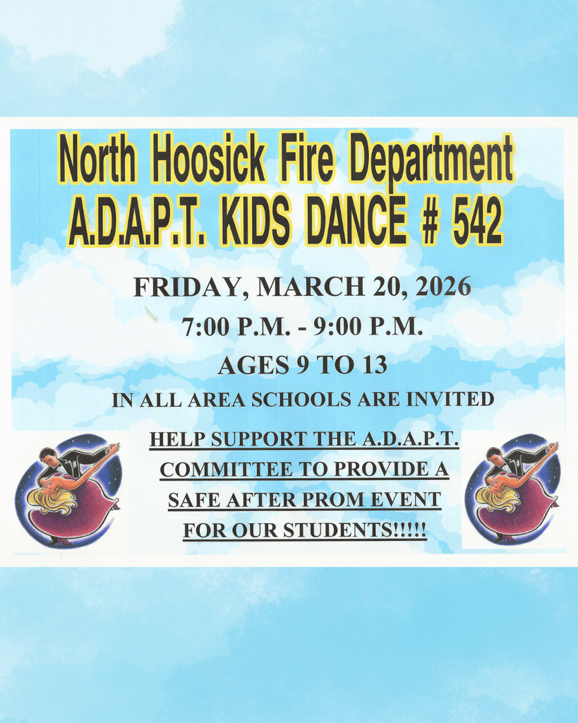help A.D.A.P.T. raise money for the after prom with a Kids' Dance at the North Hoosick Fire Department on 3/20