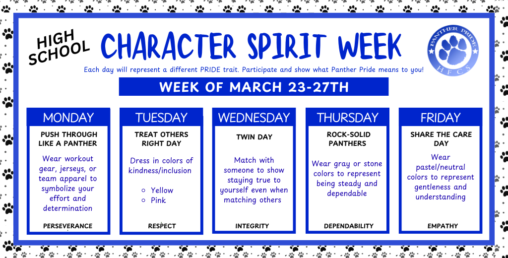 high school character spirit week 3/23-3/27