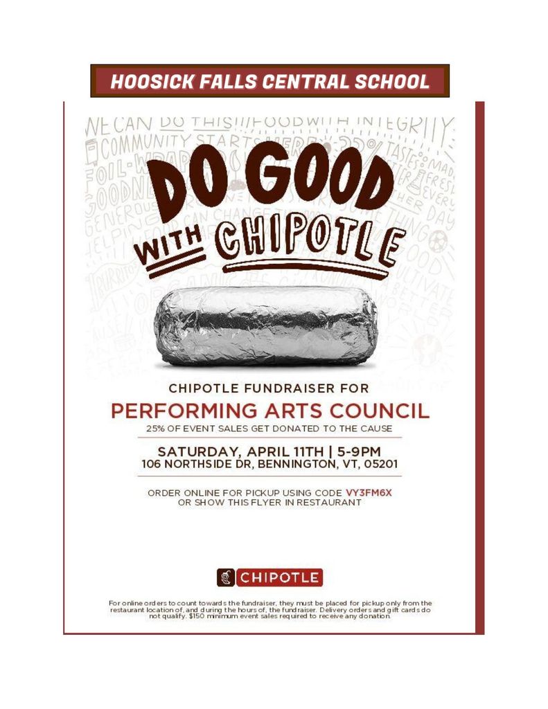 Do Good with Chipotle! Help our Performing Arts Council (PAC) raise money by dining at Chipotle! 25% of event sales gets donated to PAC. Order online for pickup using code VY3FM6X or show this flyer in the restaurant.