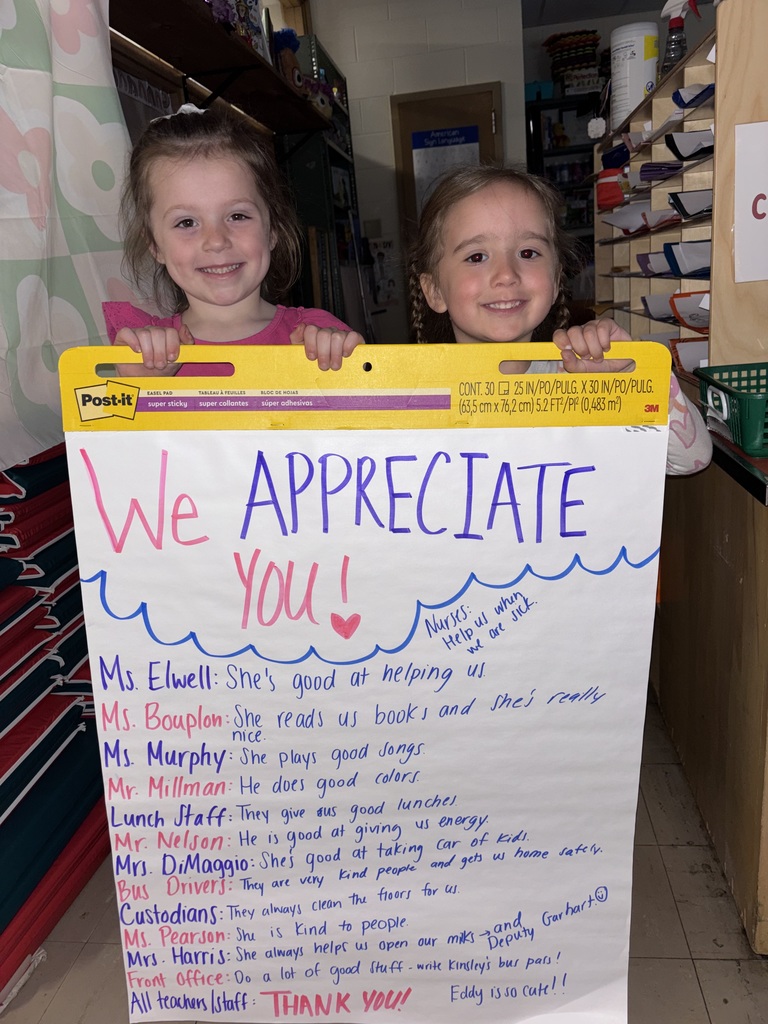 Ms. Sheehan's Pre-K class spent some time thinking about their weekly Positivity Project focus- "Other People Mindset: Identifying and Appreciating the Good in Others". The students brainstormed together and made a little list of some of the school adults they appreciate and why. Proudly presenting their list are students Layke and Olivianna. Thanks for sharing, Ms. Sheehan!