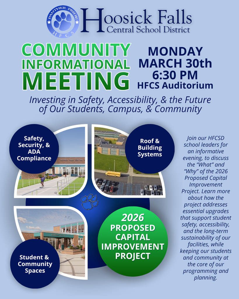 Reminder! This Community Meeting is happening tonight at 6:30pm, in the High School Auditorium. Community members are invited to attend to learn more about the 2026 Proposed Capital Improvement Project.