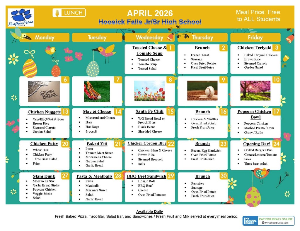 april 2026 lunch menu middle/high schools