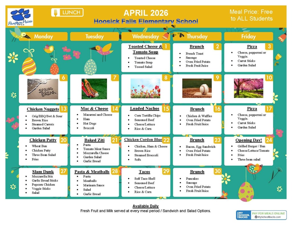 april 2026 lunch menu elementary school