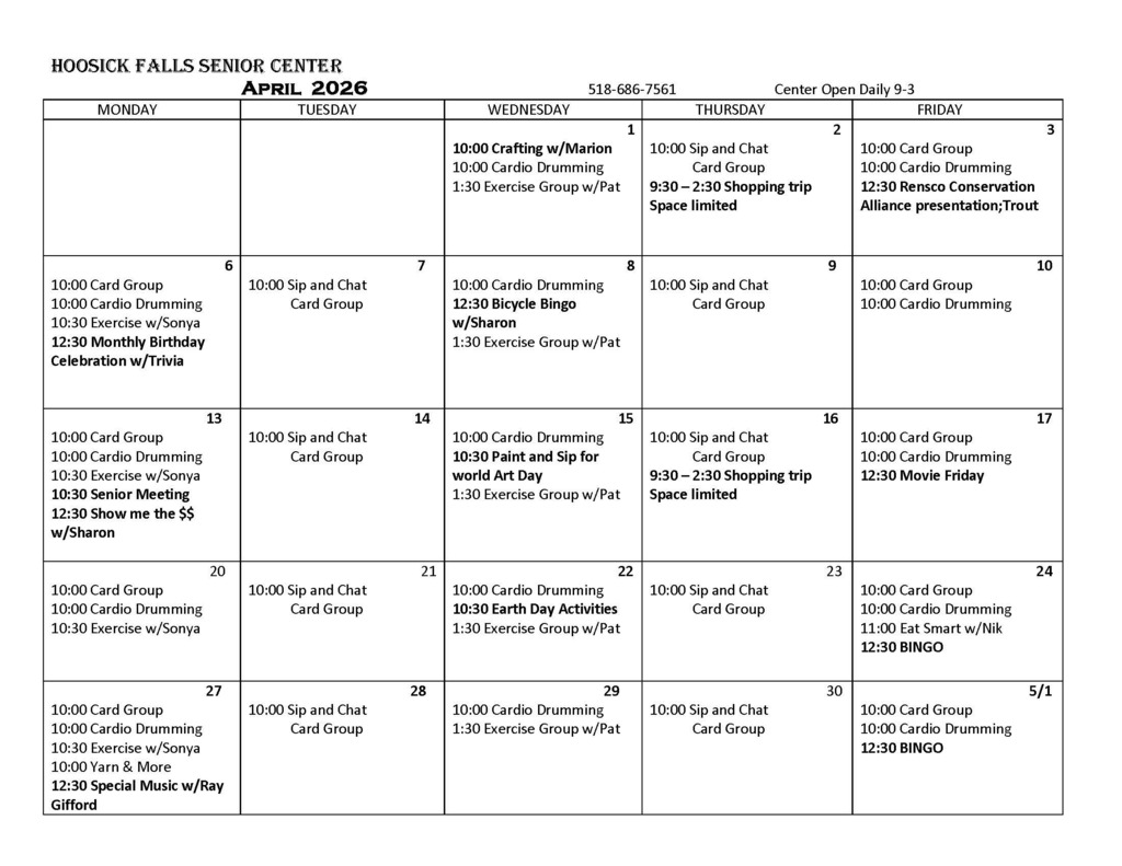 hoosick falls senior center april 2026 activities calendar