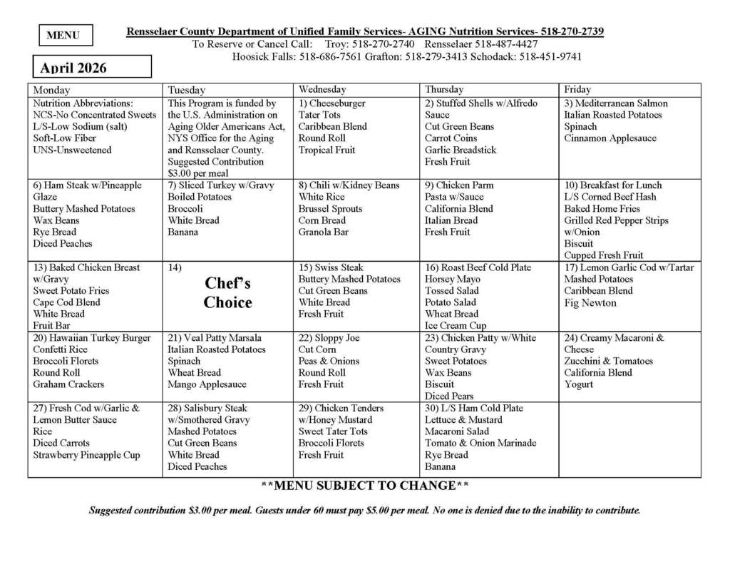 grafton and hoosick falls senior centers april 2026 menu