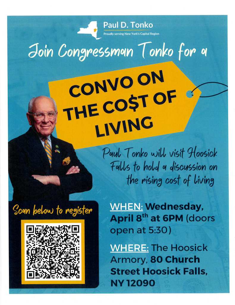 Congressman Tonko- conversation on the cost of living- 4/8 @ 6pm