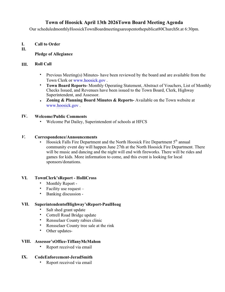town board meeting 4/13/26 agenda 1 