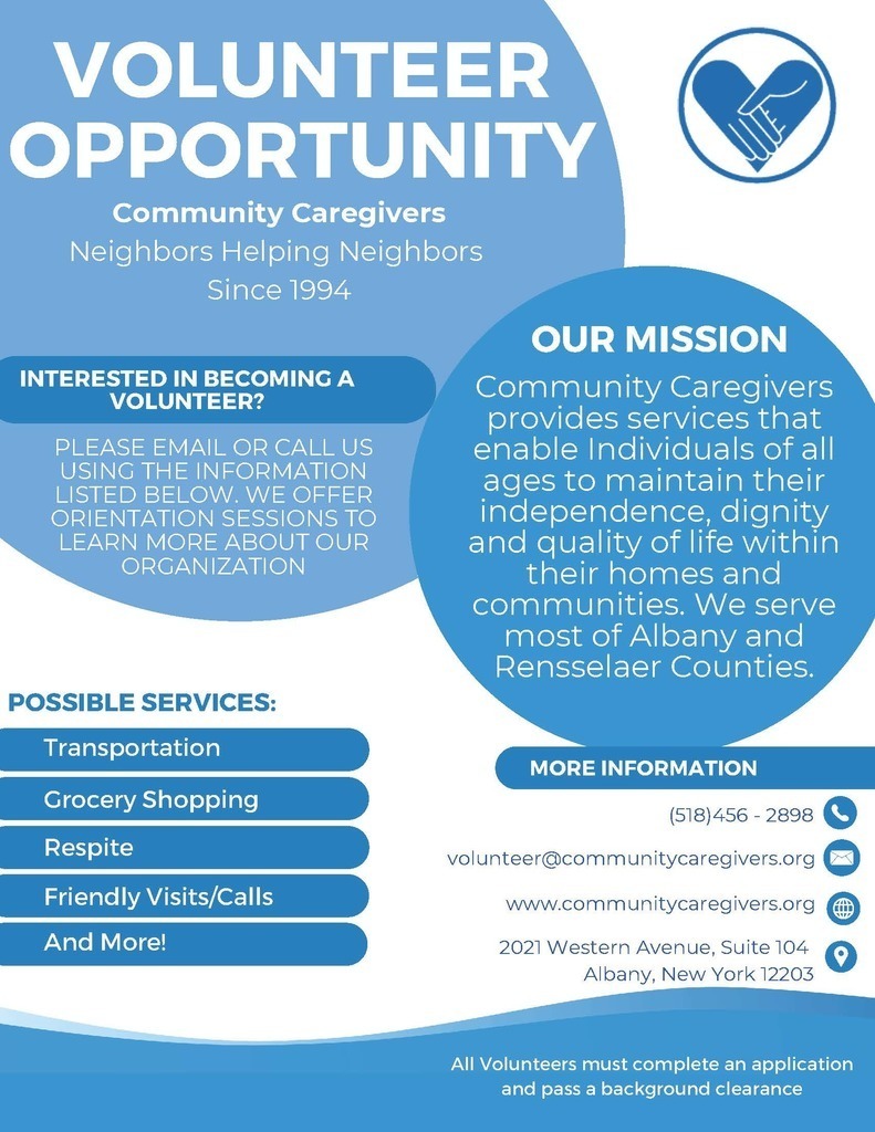 The Town of Hoosick Comprehensive Plan Implementation Committee is working hard to help offer solutions to identified issues and/or concerns currently impacting our community. Transportation was identified as a barrier for our population. We reached out to a local organization, Community Caregivers. They are looking for volunteers from the Hoosick Falls area who are able to provide transportation to doctor's appointments, grocery shopping, and errands. (See the Community Caregivers flyer.) Come to this Community Information Meeting (flyer is attached), to learn more about Community Caregivers and how you can become a volunteer! Can’t make the meeting, but would like more information? Please reach out! Call 518-456-2898 or email info@communitycaregivers.org