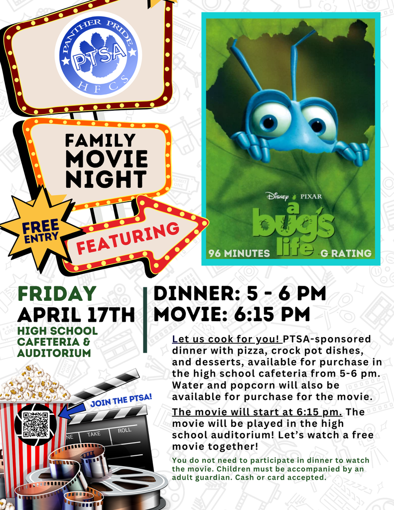 Come watch a free movie with the PTSA! Dinner: 5 - 6 pm Movie: 6:15 pm Friday, April 17th High School cafeteria & auditorium  Let us cook for you! PTSA-sponsored dinner with pizza, crock pot dishes, and desserts, available for purchase in the high school cafeteria from 5-6 pm. Water and popcorn will also be available for purchase for the movie.  The movie will start at 6:15 pm. The movie will be played in the high school auditorium! Let’s watch a free movie together!  You do not need to participate in dinner to watch the movie. Children must be accompanied by an adult guardian. Cash or card accepted.Come watch a free movie with the PTSA! Dinner: 5 - 6 pm Movie: 6:15 pm Friday, April 17th High School cafeteria & auditorium  Let us cook for you! PTSA-sponsored dinner with pizza, crock pot dishes, and desserts, available for purchase in the high school cafeteria from 5-6 pm. Water and popcorn will also be available for purchase for the movie.  The movie will start at 6:15 pm. The movie will be played in the high school auditorium! Let’s watch a free movie together!  You do not need to participate in dinner to watch the movie. Children must be accompanied by an adult guardian. Cash or card accepted.
