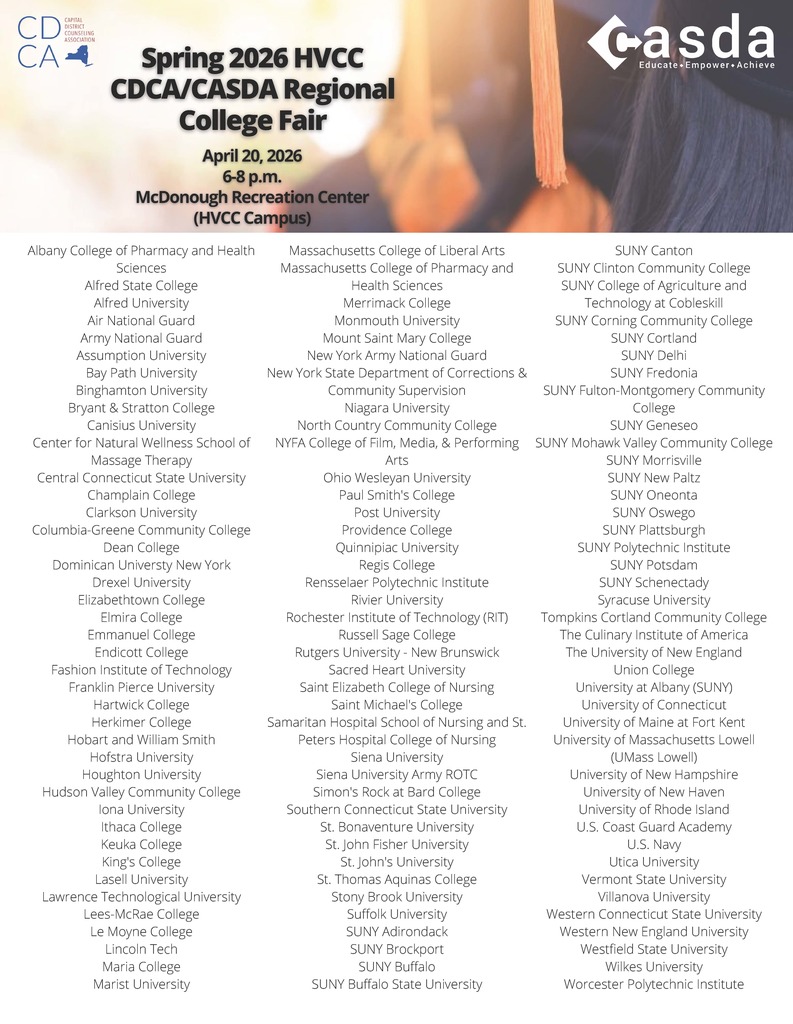 The spring regional college fair is scheduled for April 20 at Hudson Valley Community College from 6-8:00 p.m. This is a wonderful opportunity for current juniors and even sophomores.  Please see Ms. Hand or Ms. King for any additional questions.