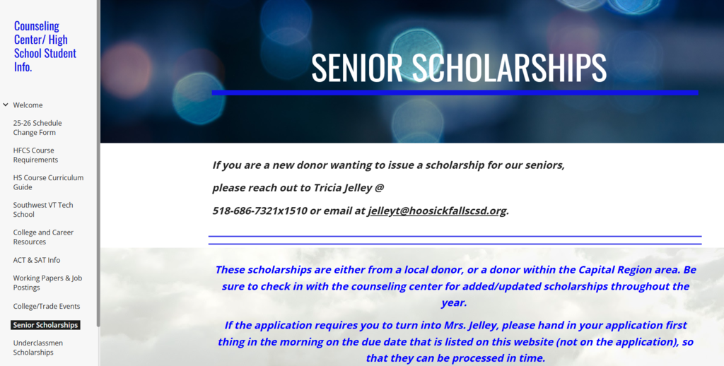 Did you know that our High School Counseling Center has a website that lists current available scholarships for seniors? Take a look!  https://sites.google.com/a/hoosickfallscsd.org/hfcs-college-and-career-center/senior-scholarships