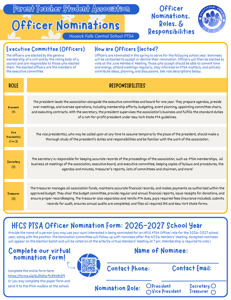 The PTSA has been busy! Read all about it in their Spring 2026 Newsletter! Interested in being a PTSA Officer for the 2026-2027 school year? Learn more about what the roles and responsibilities are, and complete their nomination form. You can self-nominate or nominate someone you think would be a great fit. You can also complete their online nomination form here: https://forms.gle/yiz8ypriVtvDtJ9w9 Their Newsletter has a new "Parent Corner" too. Here is where you'll see answers to questions you asked the PTSA. Have questions or feedback you'd like to leave for the PTSA? Fill out their Parent Corner Form here: https://forms.gle/Y9athpwMtLm1cqLK9