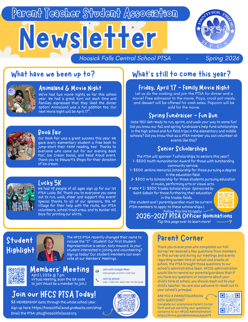 The PTSA has been busy! Read all about it in their Spring 2026 Newsletter! Interested in being a PTSA Officer for the 2026-2027 school year? Learn more about what the roles and responsibilities are, and complete their nomination form. You can self-nominate or nominate someone you think would be a great fit. You can also complete their online nomination form here: https://forms.gle/yiz8ypriVtvDtJ9w9 Their Newsletter has a new "Parent Corner" too. Here is where you'll see answers to questions you asked the PTSA. Have questions or feedback you'd like to leave for the PTSA? Fill out their Parent Corner Form here: https://forms.gle/Y9athpwMtLm1cqLK9