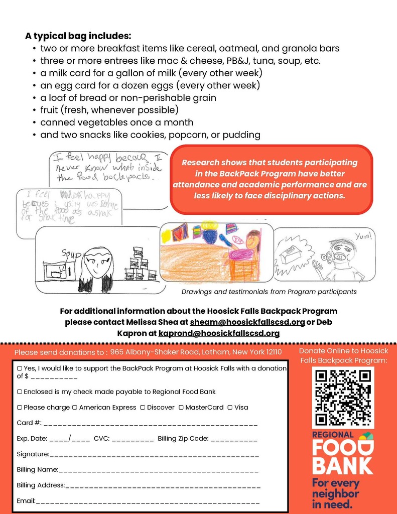 Did you know that HFCS has a BackPack Program, designed to meet the needs of food-insecure children on weekends when school meals are not available? The Program provides bags filled with food that is child-friendly, non-perishable, and easily prepared. Bags are packed weekly by school staff and volunteers, then discreetly distributed to participating children every Friday afternoon. This program is run in partnership with the Regional Foodbank and HACA.   HFCS BackPack Program at a Glance: 495 BackPacks distributed during the ’24-’25 school year 15 students participated in the Backpack Program each week 14 pounds of food per bag each week, containing 11 meals  Can you help donate to this program? Follow the instructions on the flyer or visit: https://give.regionalfoodbank.net/fundraiser/7046908
