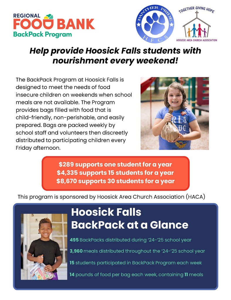 Did you know that HFCS has a BackPack Program, designed to meet the needs of food-insecure children on weekends when school meals are not available? The Program provides bags filled with food that is child-friendly, non-perishable, and easily prepared. Bags are packed weekly by school staff and volunteers, then discreetly distributed to participating children every Friday afternoon. This program is run in partnership with the Regional Foodbank and HACA.   HFCS BackPack Program at a Glance: 495 BackPacks distributed during the ’24-’25 school year 15 students participated in the Backpack Program each week 14 pounds of food per bag each week, containing 11 meals  Can you help donate to this program? Follow the instructions on the flyer or visit: https://give.regionalfoodbank.net/fundraiser/7046908