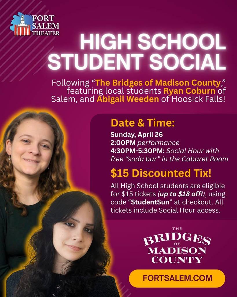 Looking for something to do on April 26th? How about a trip to Fort Salem Theater for The Bridges of Madison County?! Our very own HFCS sophomore, Abigail Weeden, will be in the show! Students also receive a discount, and there is a High School Student Social after the show. Check out their flyer!