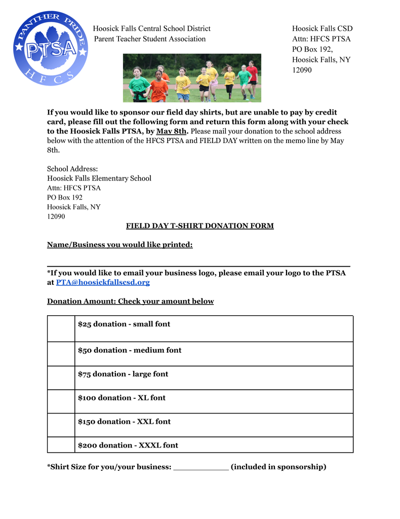 The HFCS elementary and middle school Field Day is coming right up, and once again, the PTSA will be sponsoring t-shirts for all students in grades UPK-6!! Each student will get a free t-shirt to wear. Would you or your business like to support this effort as a sponsor? Sponsors will be printed on the back of the t-shirts, and will receive a free t-shirt too! Please follow the link to sponsor and thank you for supporting the students: https://hfcs-ptsa.square.site/