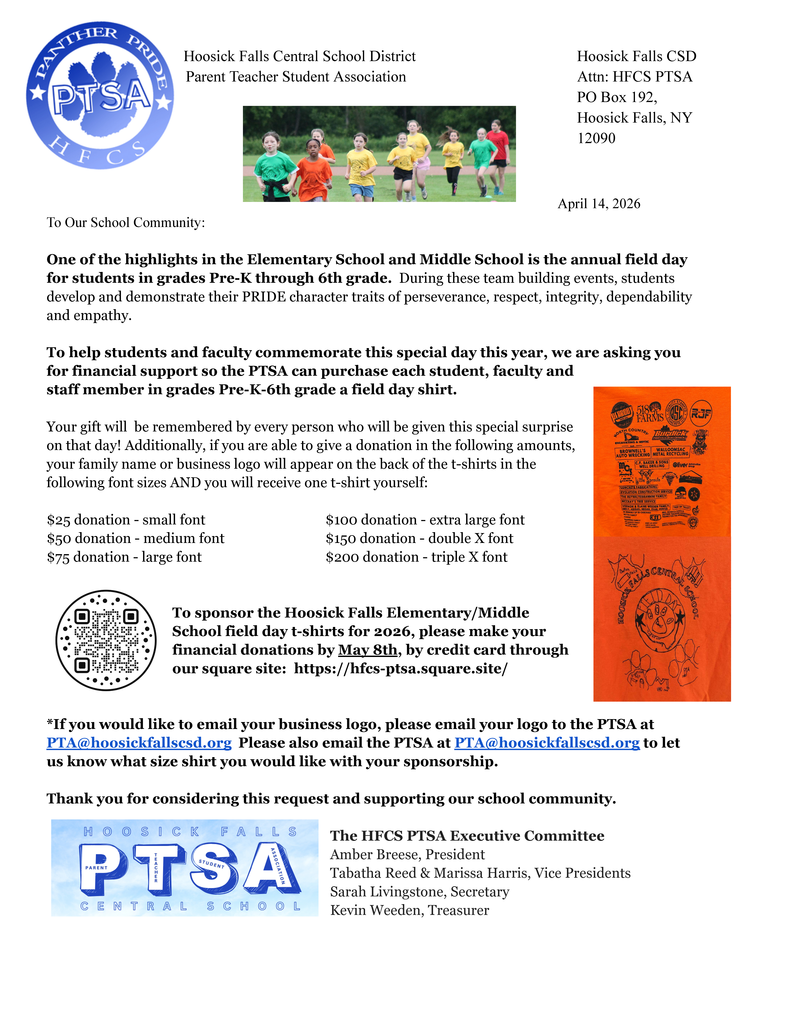 The HFCS elementary and middle school Field Day is coming right up, and once again, the PTSA will be sponsoring t-shirts for all students in grades UPK-6!! Each student will get a free t-shirt to wear. Would you or your business like to support this effort as a sponsor? Sponsors will be printed on the back of the t-shirts, and will receive a free t-shirt too! Please follow the link to sponsor and thank you for supporting the students: https://hfcs-ptsa.square.site/