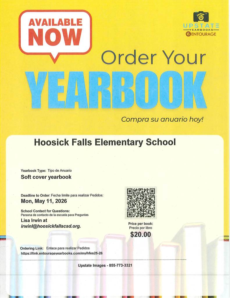 The elementary yearbook for this school year is now on sale! Please click here to order.      Yearbooks  are on sale for $20.00 each until 5/10/2026.  We expect yearbooks to arrive in mid-June this year.  Please be sure to purchase one before the price increases on 5/11/2026. 