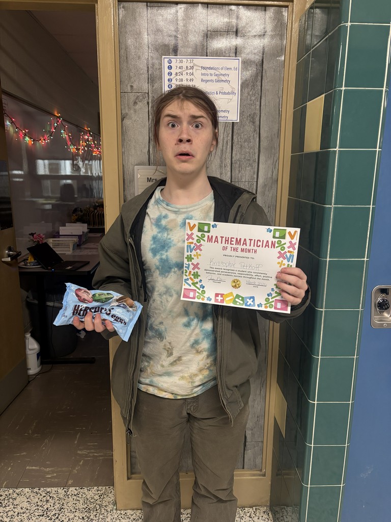 High School Math Teachers, Mrs. Jessica Nelson and Mr. Jacob Trinkle, shared their March 'Mathematicians of the Month' awardees: Algebra 1/Period 9: Emmitt Willbrant, Algebra 1/Period 3: Kaydence Williams, Algebra 1/Period 7: Reese Richard, Algebra 1/Period 4: Blake Prevey, Intro to Geometry- Grace Eastman, Luis Santiago, Amara Chapones-Ulloa, Regents Geometry- Brayden Ferrannini, Kristopher Petkoff, and Stats and Probability- Tatum Hickey. Keep up the great work, students, and thanks for sharing, Mrs. Nelson and Mr. Trinkle! 