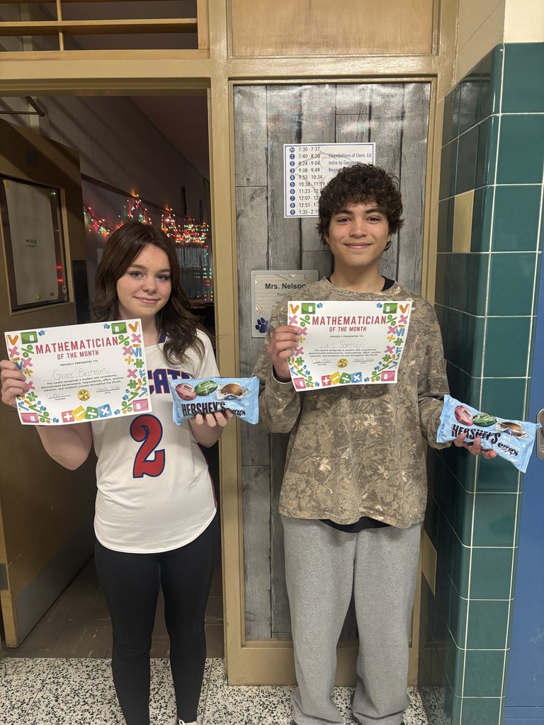 High School Math Teachers, Mrs. Jessica Nelson and Mr. Jacob Trinkle, shared their March 'Mathematicians of the Month' awardees: Algebra 1/Period 9: Emmitt Willbrant, Algebra 1/Period 3: Kaydence Williams, Algebra 1/Period 7: Reese Richard, Algebra 1/Period 4: Blake Prevey, Intro to Geometry- Grace Eastman, Luis Santiago, Amara Chapones-Ulloa, Regents Geometry- Brayden Ferrannini, Kristopher Petkoff, and Stats and Probability- Tatum Hickey. Keep up the great work, students, and thanks for sharing, Mrs. Nelson and Mr. Trinkle! 