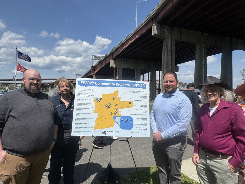 Today, Town Supervisor Eric Sheffer, along with other community representatives, attended a press conference with Congressman Paul D. Tonko to celebrate being selected as one of 20 Community Project Funding designees for 2027 from throughout the Capital Region. The Town of Hoosick was selected for its $80,856.52 project proposal to purchase a “Fly Car” for Hoosick Regional EMS. Over the coming months, Congressman Tonko will advocate for all of these community projects, totaling more than $26 million in funding through the federal appropriations process. Town of Hoosick representatives pictured: Town Supervisor Eric Sheffer; Principal at Doug Sauer Consulting, Doug Sauer; Town Communications Officer Sarah Livingstone; Member and Assistant Chief of Hoosick Regional EMS, Deb Lohnes; and Chief of Hoosick Regional EMS, Jack Kervin. Full project information is available at: https://tonko.house.gov/constituent-services/fy2027-community-project-funding-requests.htm