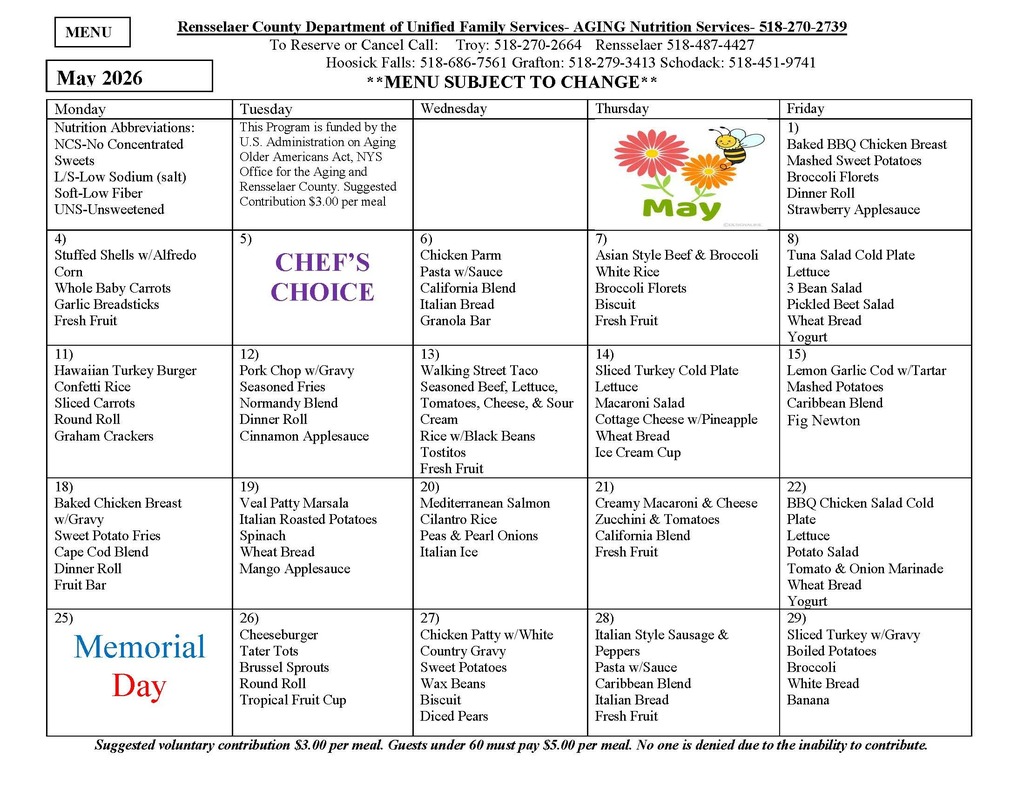 menu- senior center for may 2026