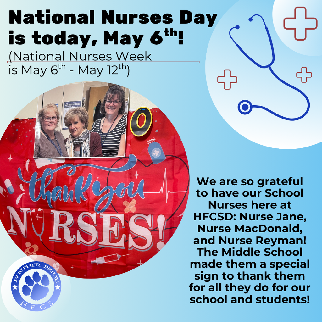 Today, May 6, is National Nurses Day! We are so grateful to have our school nurses here at HFCSD: Nurse Jane, Nurse MacDonald, and Nurse Reyman. The Middle School made them a special sign to thank them for all they do for our school and students! Nurse Jane will be retiring at the end of the school year after 13 years as a full-time nurse here at HFCSD and a lifelong career of helping people as a nurse. We are sad to see her go, but we wish her all the best in her retirement and thank her — along with all of our nurses — for everything they have done and continue to do for our students and community. Looking to join the school nurse team? To apply, please complete the employment application found on our website: https://www.hoosickfallscsd.org/o/hfcsd/page/career-opportunities, or follow the QR code to our employment page. Completed applications may be returned to the District Office in person or emailed to the Superintendent, Mr. Patrick Dailey: daileyp@hoosickfallscsd.org
