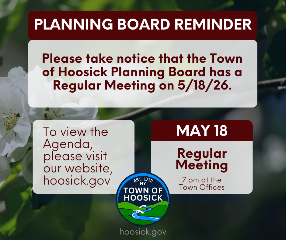 Please take notice that the Town of Hoosick Planning Board has a Regular Meeting on 5/18/26. To view the agenda, please click here: https://aptg.co/GX024L