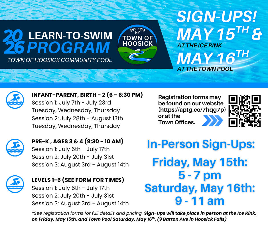 Friendly reminder that Swim Lesson Sign-ups will take place today at the rink and tomorrow at the pool!   🏊‍♂️Town of Hoosick Swim Program Sign-ups! ☀️ Sign-ups will take place in person: Ice Rink on Friday, May 15th: 5 - 7 pm Town Pool on Saturday, May 16th: 9 - 11 am 9 Barton Ave in Hoosick Falls Click here for registration forms: https://aptg.co/7hqg7p 