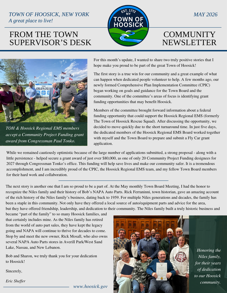 Here is the April 2026 Community Newsletter from the Town Supervisor's desk: