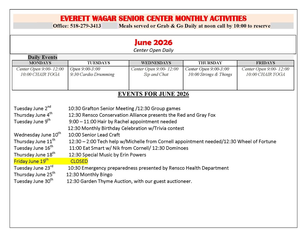 The Hoosick Falls and Grafton Senior Centers have some great activities and menus planned for the month of May. Check out their calendars! Did you know that the Hoosick Falls Senior Center is now offering Monday through Friday van transportation to any Hoosick-area seniors (60+) who would like to come to the Center? Pickup times vary depending on location, starting at 9 am and leaving at approximately 2:30 pm. Reservations are required and can be made by calling 518-686-7561 or signing up at the center.
